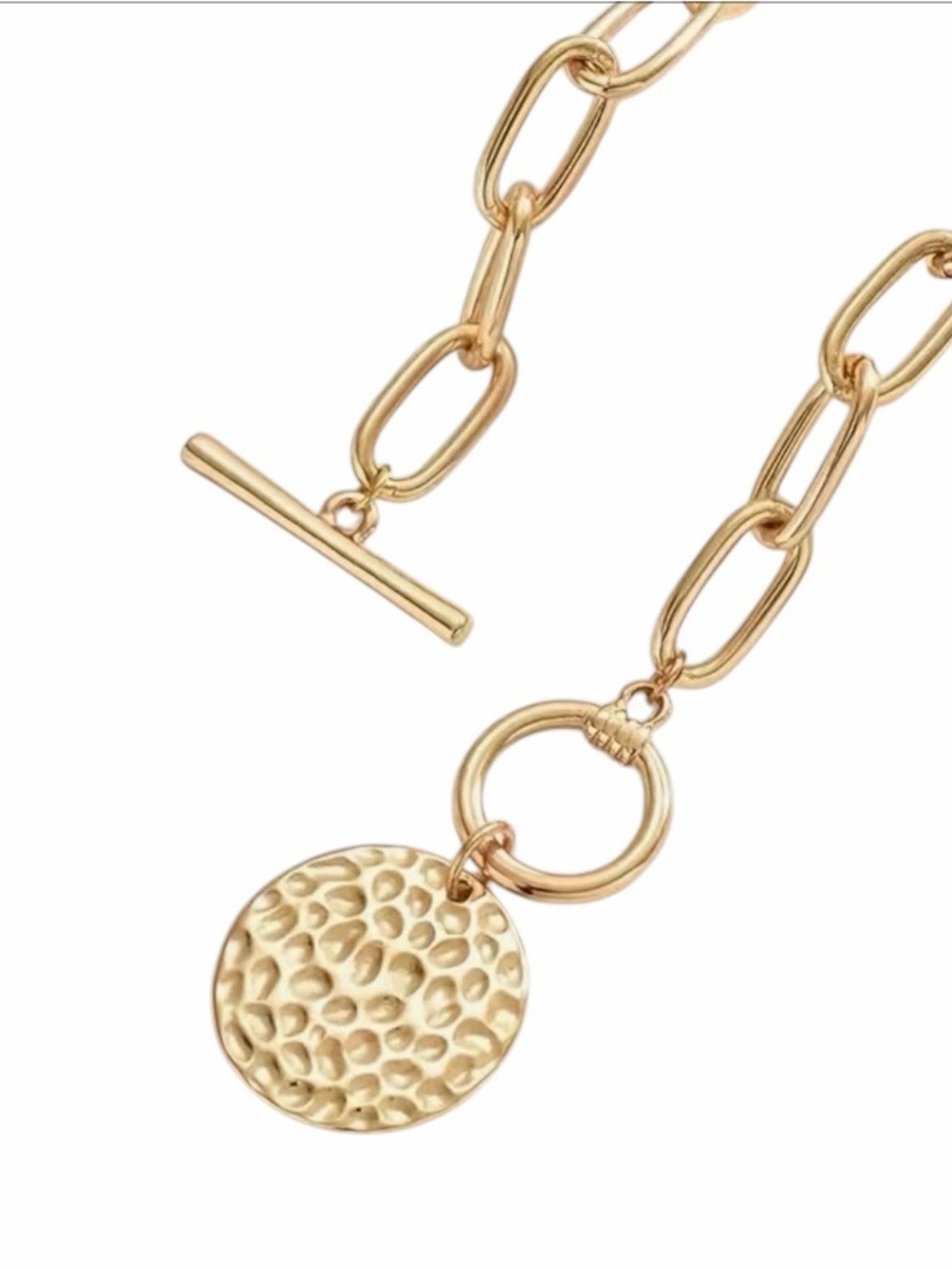 Gold Textured Coin Toggle Necklace - Women Jewelry - Picture 4 of 4
